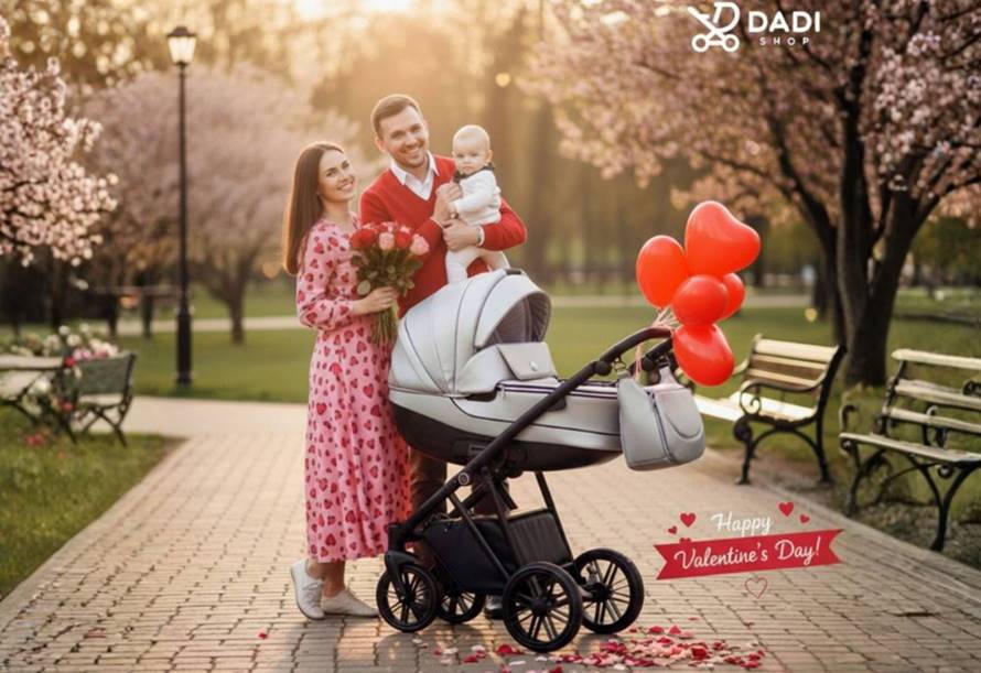 Rodzice z niemowlęciem i wózkiem dziecięcym podczas spaceru w parku
